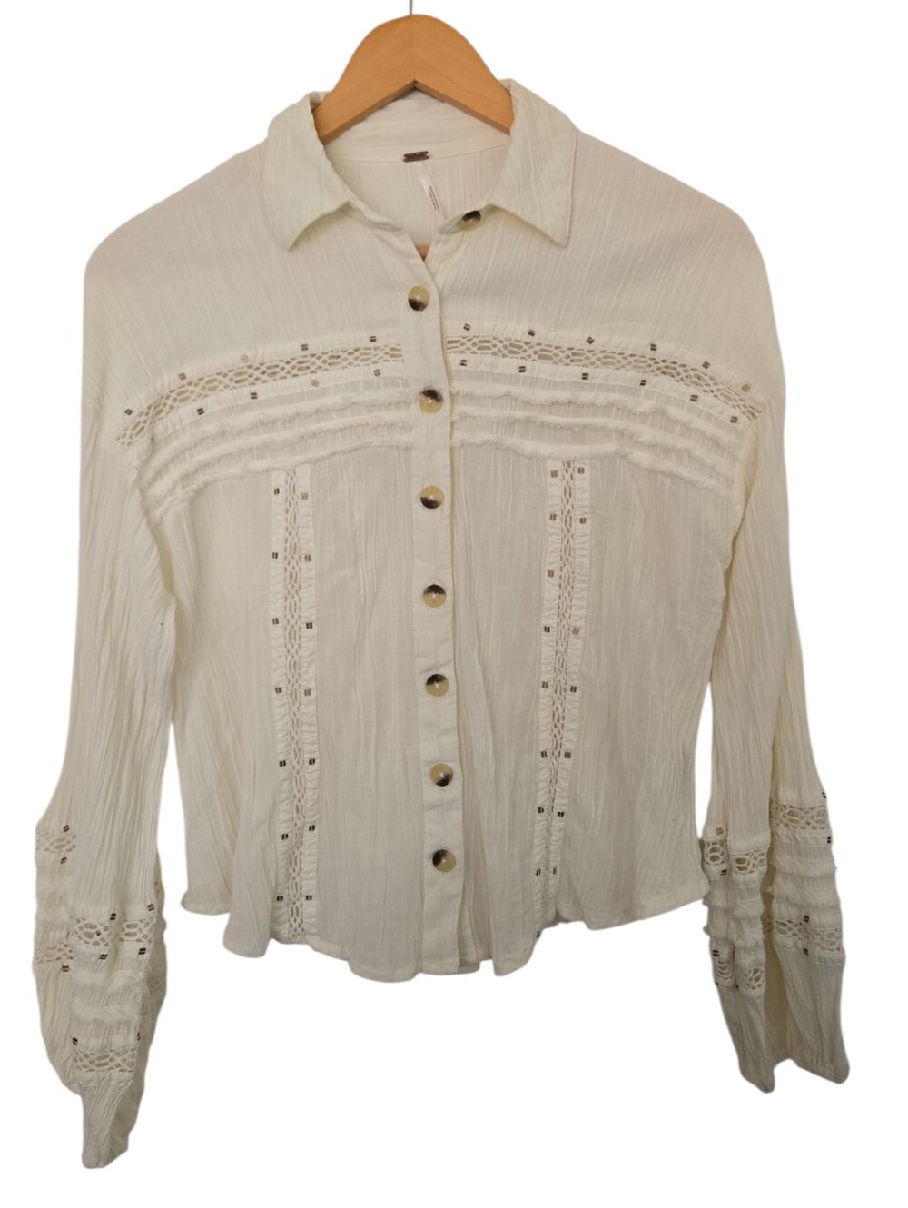 ✨ Free People Cream Boho Lace Detail Button Front Blouse ✨ - Picture 2 of 6